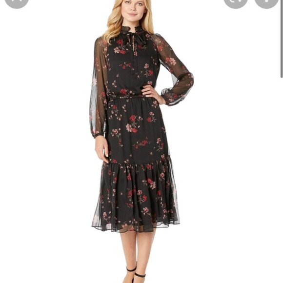 Ralph Lauren Dresses & Skirts - Lauren Ralph Lauren Floral Print Georgette Midi Dress 4 Sheer Sleeves Black Red